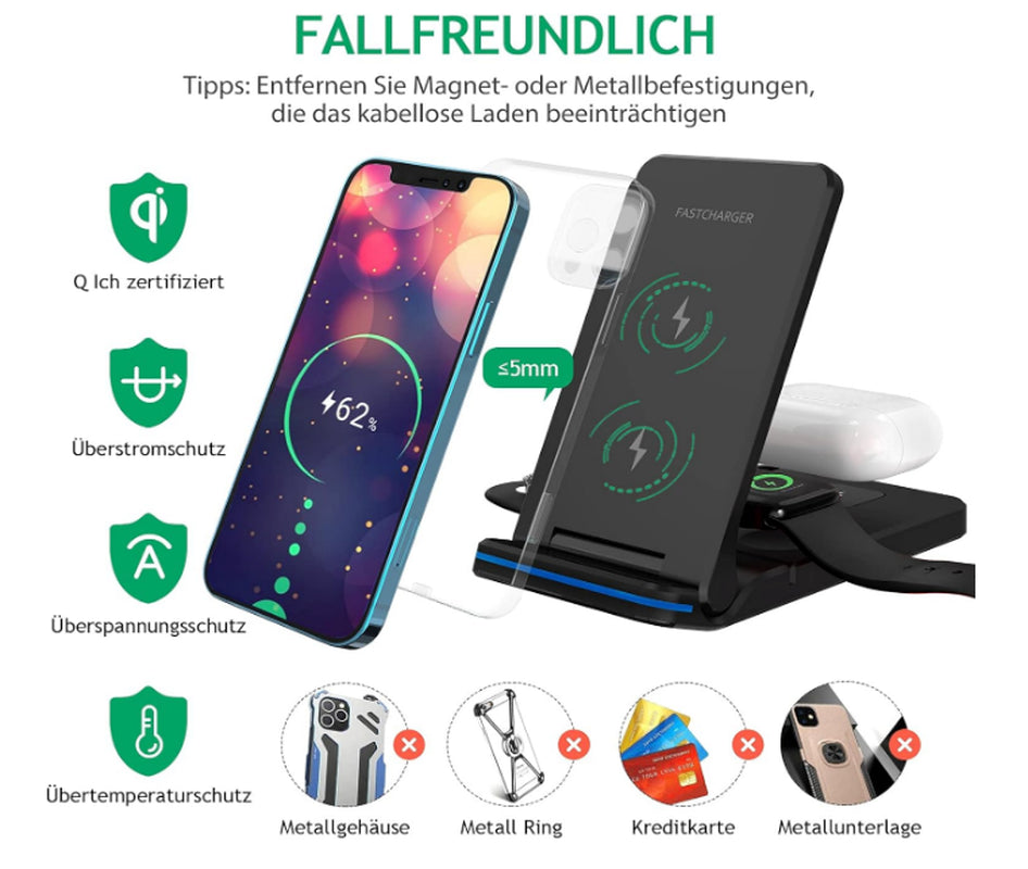 Wireless Charger 3 in 1 Induktive Ladestation 15W Kabellos Ladegerät Mit Adapter