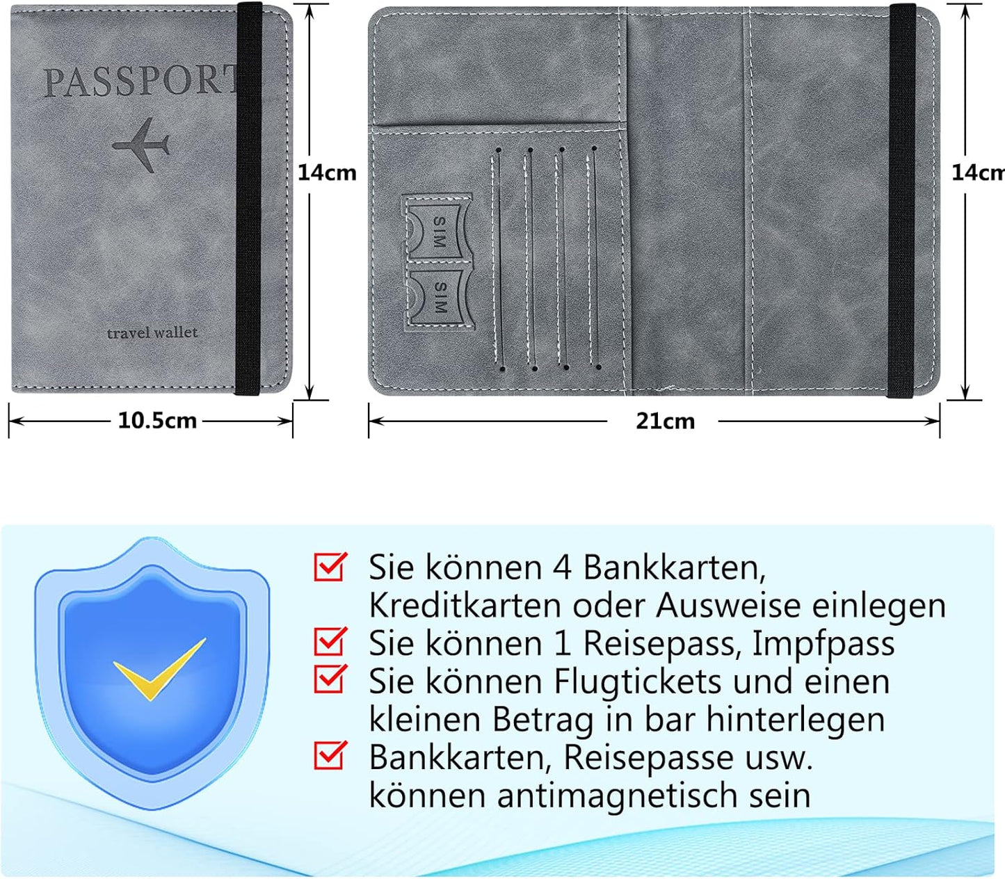 Reisepasshülle,Passport Cover Mit Rfid-Blocker,Kunstleder Reisepass Hülle Für Damen Herren Reisepass Kreditkarten, Ausweis Und Reisedokumente, 15×11×1Cm