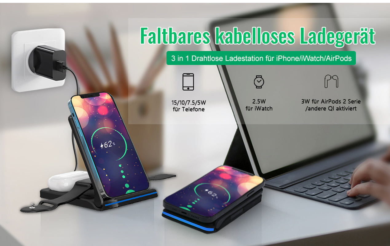 Wireless Charger 3 in 1 Induktive Ladestation 15W Kabellos Ladegerät Mit Adapter